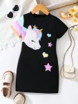Smiling Pony Print Short-sleeve Dress For Girls Spring & Summer Daily Holiday Party Comfy Casual Dresses As Gift