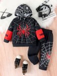 2-PIECE Boys Casual Hoodie Set Cool Spider Print Versatile Hoodie And Jogger Pants Comfy Spring Fall Clothes