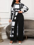 Plaid Pattern Color Block Jumpsuit Elegant Crew Neck Long Sleeve Jumpsuit For Spring & Fall Women's Clothing
