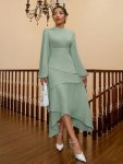 Layered Hem Lantern Sleeve Solid Dress Elegant Mock Neck Back Keyhole Asymmetrical Dress Women's Clothing