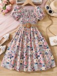 Girls Floral Print Seaside Vacation Style Short Sleeve Smocked Dress For Summer