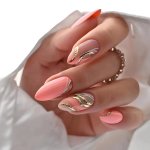 24PCS Glossy Medium Almond Fake Nails White And Pink Press On Nails With Flower And Golden Line Design Sweet And Cute False Nail