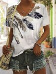 Feather Print T-Shirt Casual Short Sleeve V Neck Top For Spring & Summer Women's Clothing