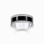 Silver Blackened Band Ring With Black Cold Enamel And Zirconia - 54