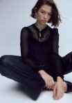 Lace-inset Puff-sleeved Blouse - Black