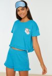 Embroidered Camisole Knit Pajamas Set - Turquoise