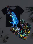 2PCS Boys Casual Luminous Colorful Splash Ink T-rex Print Comfortable Versatile Short Sleeve T-Shirt & Shorts Set Cool Lightweig