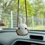 Crochet Swinging Bunny Car Mirror Hanging Accessories Cute Car Decorations For Women Aesthetic Handmade Knitted Rearview Mirror