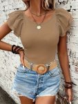 Layered Ruffle Sleeve T-Shirt Elegant Crew Neck Slim Top For Spring & Summer Women's Clothing