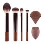 6 Piece Makeup Brush Set With Beauty Blender Sponge & Powder Puff - Brown