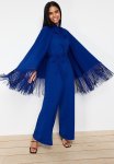 Tasseled Jumpsuit-cape Evening Dress - Navy Blue