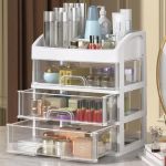 Makeup Organizer With 3 Drawers Cosmetic Display Cases Makeup Storage Box 3 Drawers White