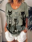 CAT Print Short Sleeve T-Shirt Casual Top For Spring & Summer Women's Clothing