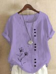Floral Print Crew Neck Blouse Casual Button Front Short Sleeve Top For Spring & Summer Women's Clothing
