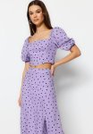 Polka Dot Slit Midi Viscose Woven Two Piece Set - Lilac