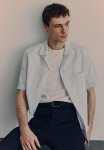 Regular Fit Linen-blend Resort Shirt - Light Blue White Striped