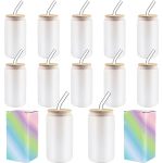 Abbsh Sublimation Glass Cups With Bamboo Lids And Straws 16OZSUBLIMATION Beer Can Glass Sublimation Frosted Glass Tumbler Blanks