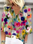 Floral Print V Neck T-Shirt Casual Three-quarter Sleeve Top For Spring & Summer Women's Clothing
