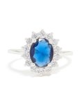 Silver Plated Blue Cubic Zirconia Oval Border Ring - M l