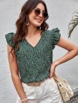 Floral Print V Neck Blouse Elegant Flutter Sleeve Top For Spring & Summer Women's Clothing