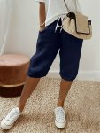 Solid Color Drawstring Bermuda Pants Casual Elastic Waist Pants For Spring & Summer Women's Clothing