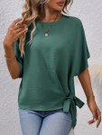 Solid Knotted Blouse Casual Crew Neck Asymmetrical Blouse Women's Clothing