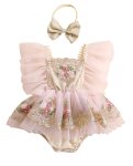 Ruffle Soft Pink Romper With Embroidered Tulle And Headband