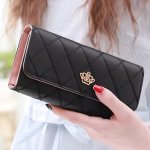 Fashionable Quilted Crown Wallet Faux Leather Three-fold Long Style Large Capacity MINI Purse With Zipper 19.28CM X 9.5CM X 2.69