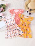 3PCS Baby's Flower & Polka Dots Pattern Casual Dress Lovely Cap Sleeve Dress Infant & Toddler Girl's Clothing For Summer As Gift