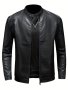 Retro Style Pu Biker Jacket Men's Casual Solid Color Zip Up Stand Collar Faux Leather Jacket For Spring Fall