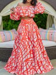 Plus Size Casual Outfits Two Piece Set Women's Plus Colorblock Long Sleeve Off Shoulder Crop Top & High Rise Maxi Smock Skirt Ou