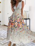 Floral Print V Neck Tank Dress Elegant Sleeveless Ruched Flowy Hem Tank Dress For Spring & Summer Women's Clothing