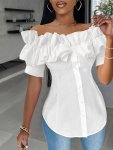 Layered Ruffle Trim Off Shoulder Blouse Elegant Single Breasted Slim Blouse For Spring & Fall Women's Clothing