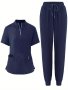 Solid Two-piece Set Elegant Short Sleeve Scrub Top & Drawstring Pants Outfits For Medical & Health Care Women's Clothing