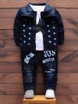 3PCS Baby Boy's Cowboy Denim Outfit Tassel Denim Jacket & Star Pattern Long Sleeve Top & Jeans Set Baby's Clothing As Gift