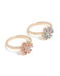 Goldair Gold Pink & Blue Diamante Flower Rings 2-PACK - M l