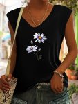 Floral Print V Neck T-Shirt Casual Cap Sleeve T-Shirt For Spring & Summer Women's Clothing