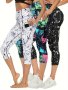 3 Pcs Women's Graffiti Printed Yoga Capris Pants High Elasticity Tight Fit Butt Lifting Athletic Leggings For Fitness