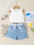 Girl's Outfit Basic Tank Top + Raw Hem Pearls Design Denim Shorts Daily Summer Set Girls Clothes Gift