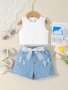 Girl's Outfit Basic Tank Top + Raw Hem Pearls Design Denim Shorts Daily Summer Set Girls Clothes Gift