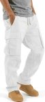 Hungson Mens Cargo Pants Drawstring Casual Hiking Pants Joggers Athletic Trousers Cotton Loose Straight Sweatpants For Men White