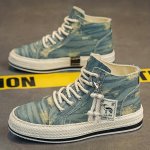 Men's Distressed Denim High Top Skate Shoes With Good Grip Breathable Lace-up Sneakers Men's Footwear Espadrilles Inspired Look
