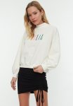 Embroidered Stand Collar Basic Knitted Sweatshirt - Ecru