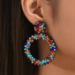 Shiny Round Pendant Dangle Earrings Embellished With Colorful Rhinestones Unique Statement Female Party Vocation Earrings
