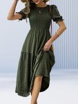 Solid Color Shirred Bust Crew Neck Dress Elegant Short Sleeve A-line Tiered Hem Dress For Spring & Summer Women's Clothing