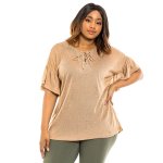 Donnay Plus Size Fem Top Drop Shoulder Lace Up - Tan