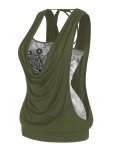 Tree Print Top Casual Set Contrast Trim Spaghetti Strap Cami Top & Solid Color Cowl Neck Tie Backless Sleeveless Top Outfits Wom