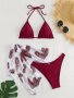 Solid Brown Halter Bikini & Leaf Print Wrap Skirt Tie Back Triange Medium Stretch 3 Piece Set Swimsuits Women's Swimwear & Clothing