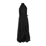 Black Satin Belted Midi Dress