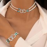 Bohemian Style Double Layer Beaded Heart Charm Necklace And Bracelet Set White Beads With Turquoise Accents Perfect For Women Ca